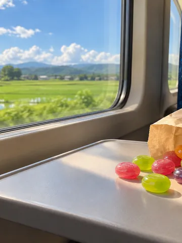 帰省の電車の席に置かれた色とりどりのソフトキャンディ