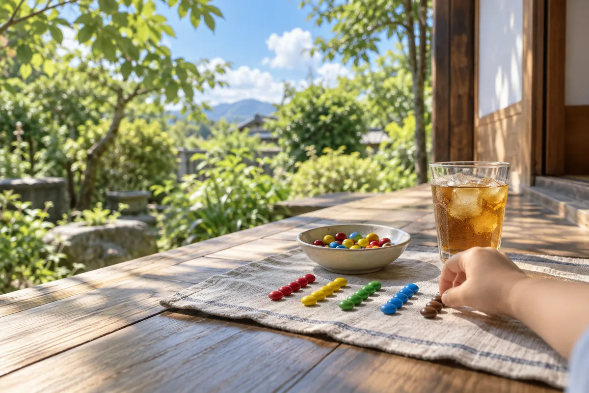 縁側で色ごとに並べられた丸いチョコと麦茶