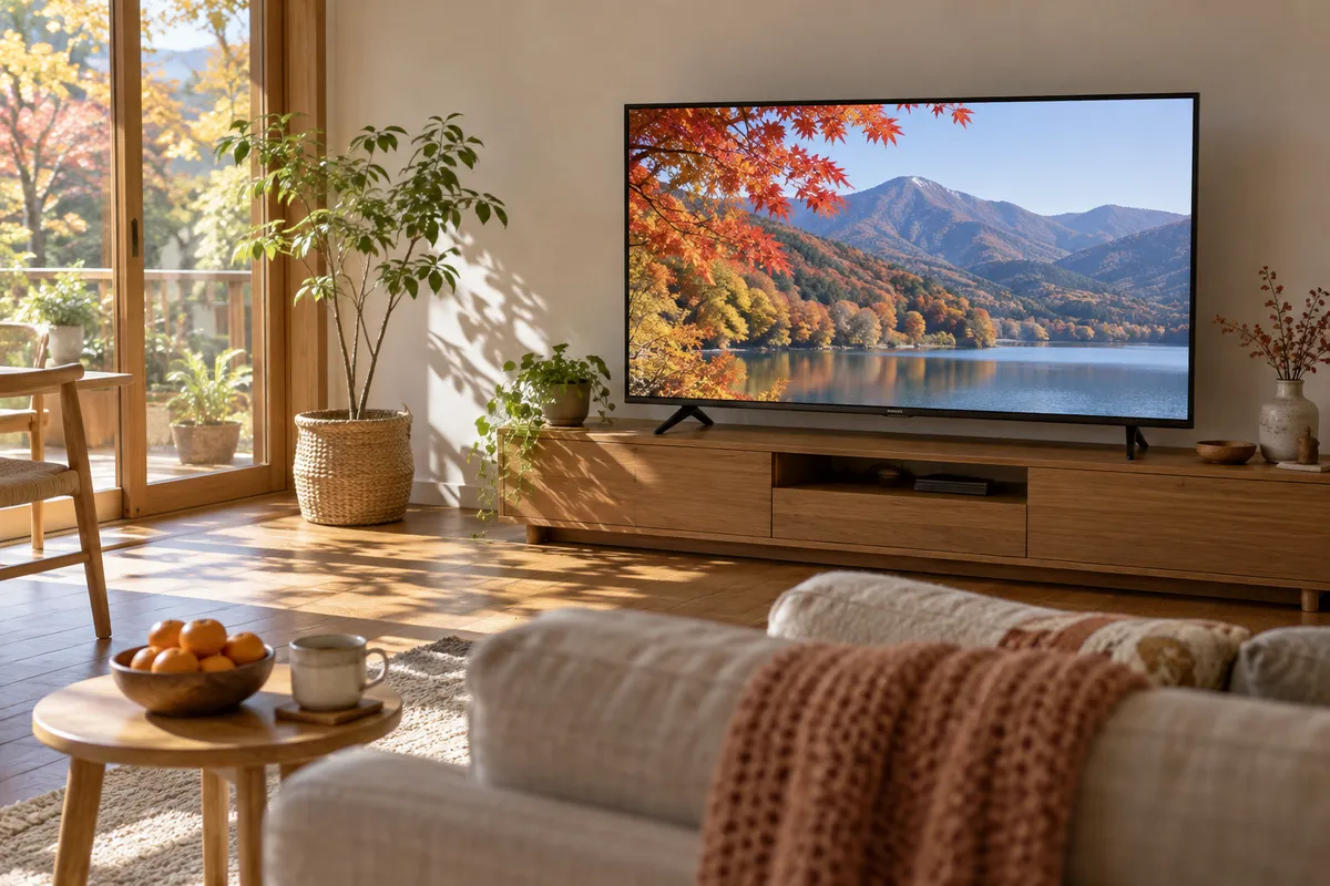 居間のテレビに映る紅葉の山と湖の風景