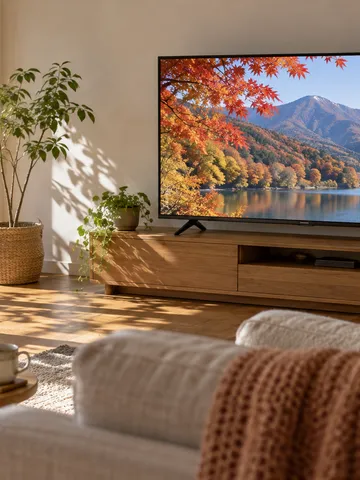 居間のテレビに映る紅葉の山と湖の風景