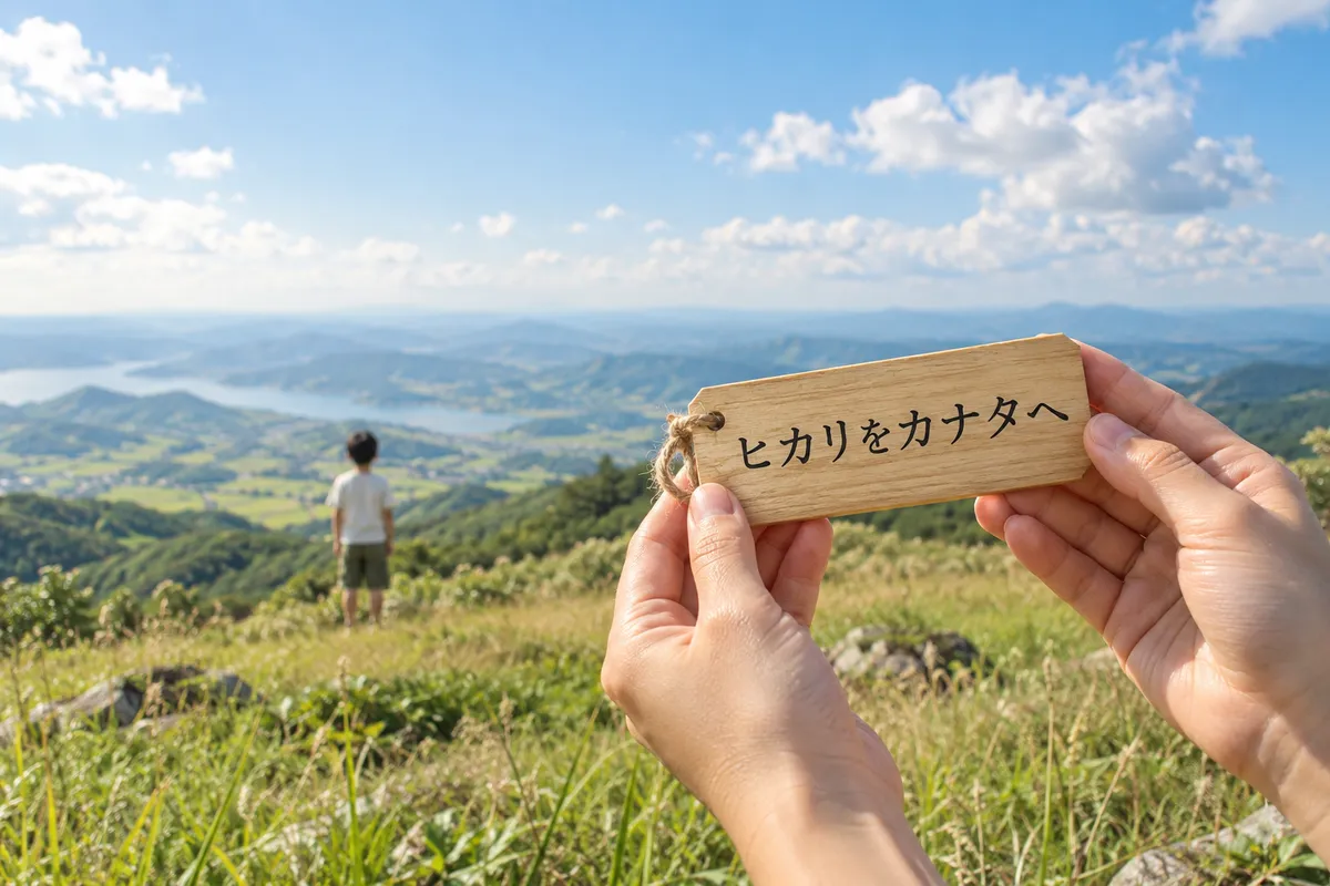 夏の丘で「ヒカリをカナタへ」の木札を持つ手元