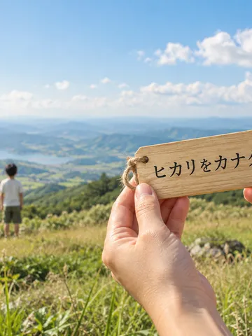 夏の丘で「ヒカリをカナタへ」の木札を持つ手元