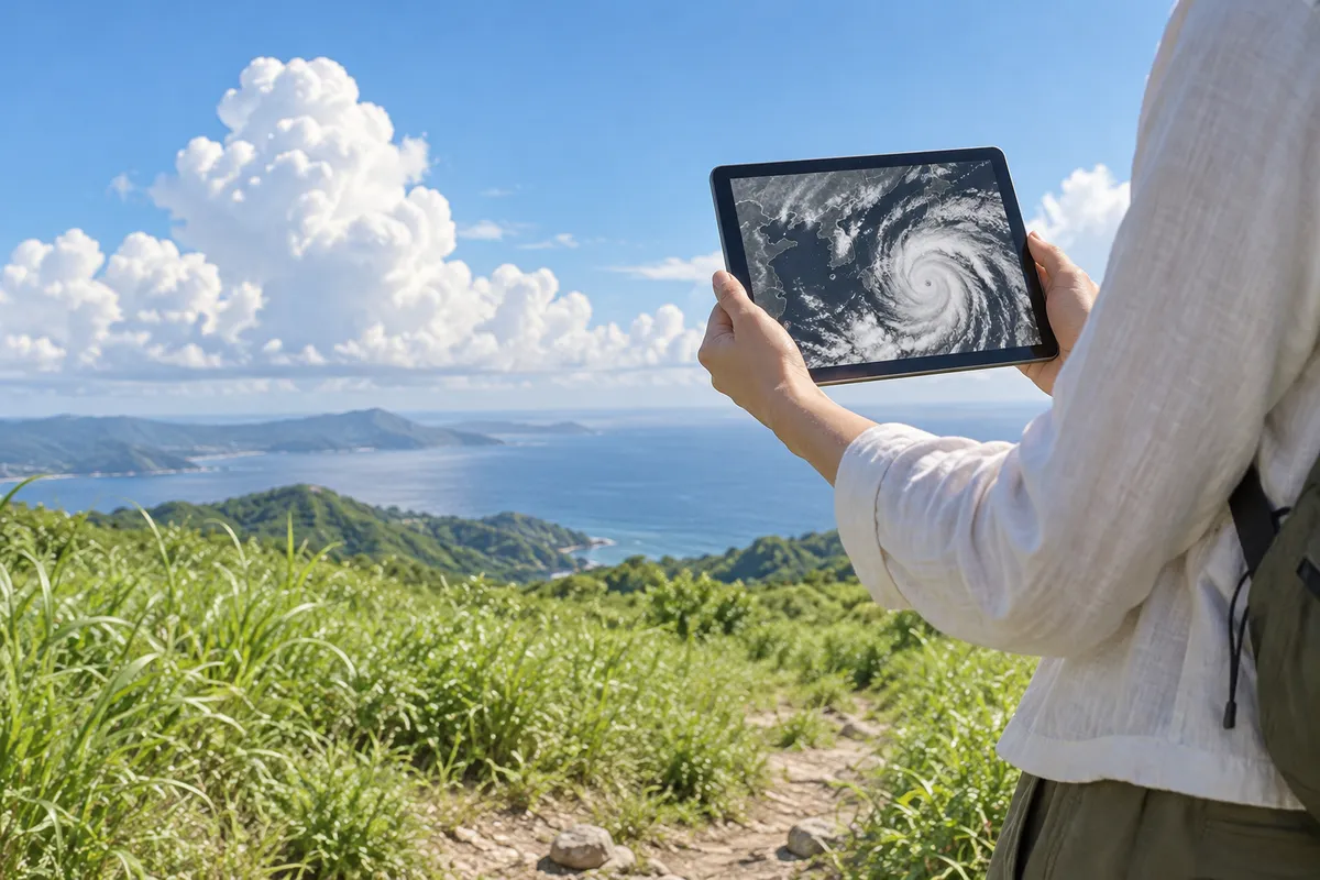 夏空の下でタブレットの雲画像を持つ手元