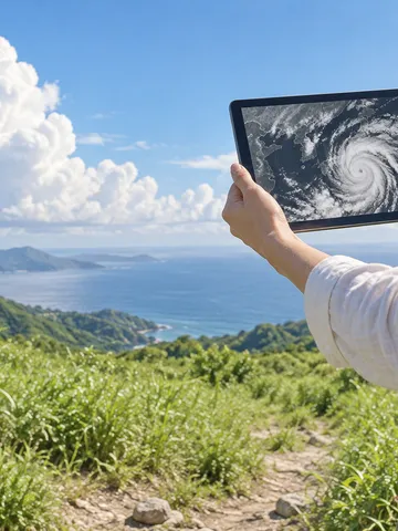 夏空の下でタブレットの雲画像を持つ手元