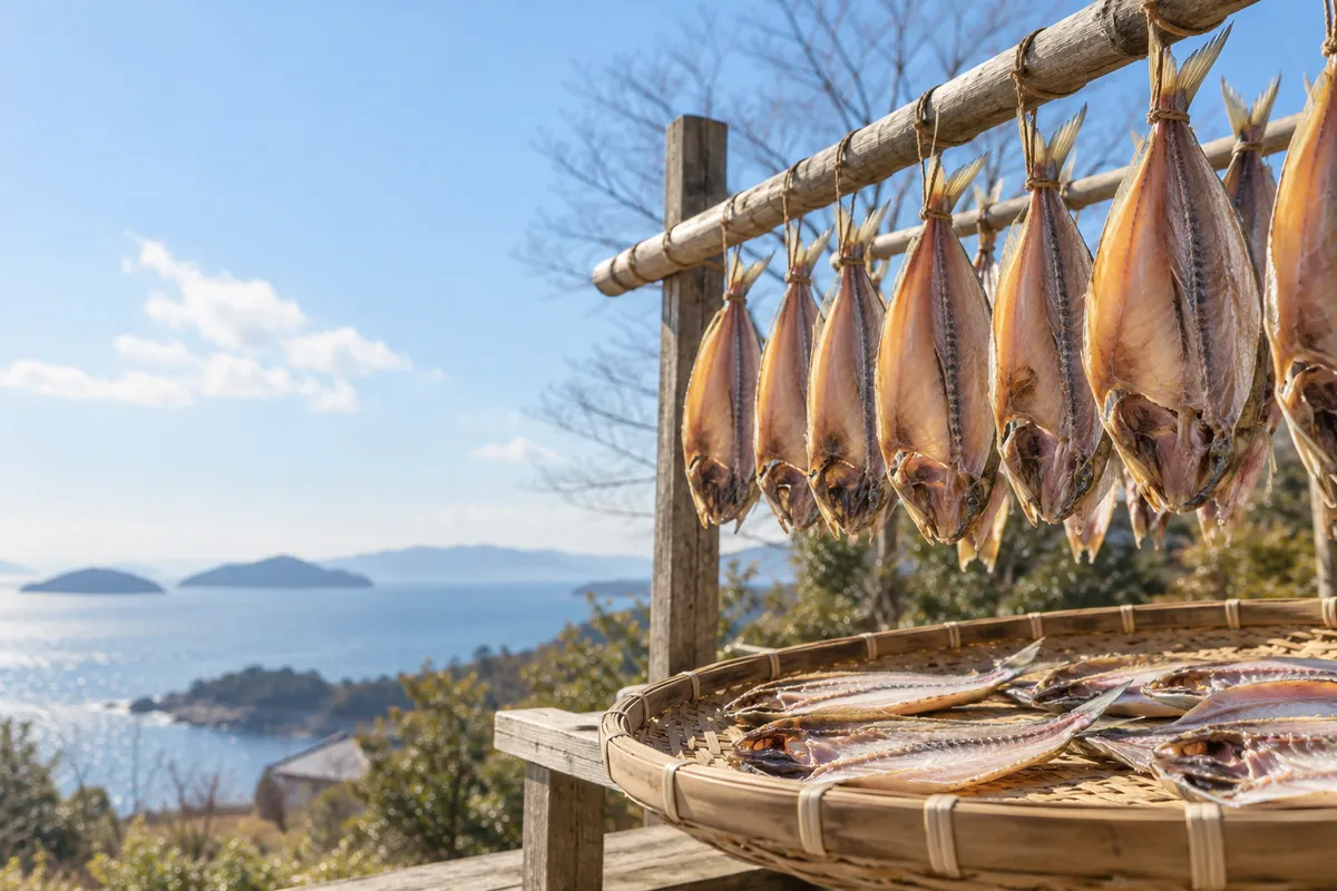 冬の青空の下で干される魚の開き