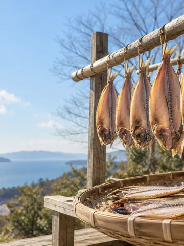 冬の青空の下で干される魚の開き