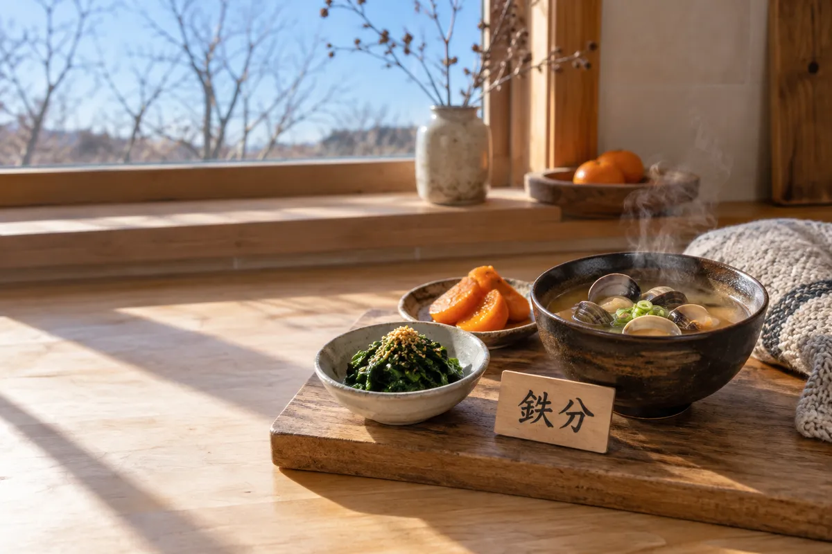 「鉄分」の札とほうれん草や貝の味噌汁が並ぶ台所