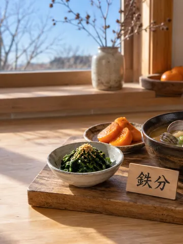 「鉄分」の札とほうれん草や貝の味噌汁が並ぶ台所