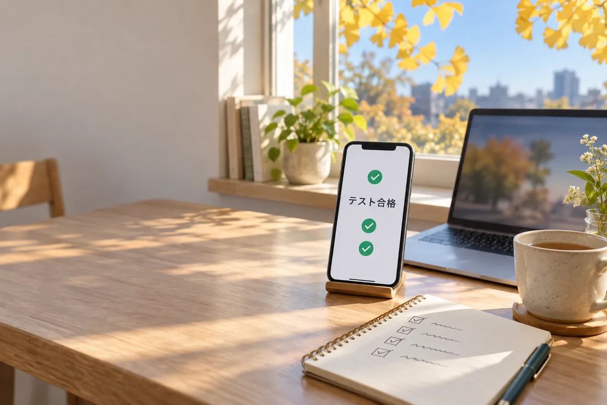 「テスト合格」と表示されたスマホと確認リスト