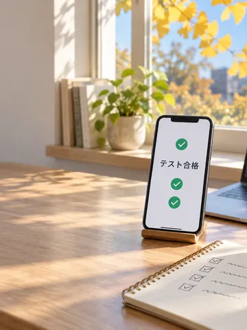 「テスト合格」と表示されたスマホと確認リスト
