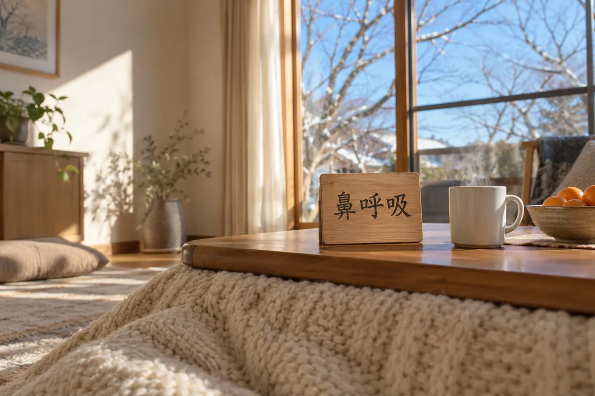 「鼻呼吸」の札と白湯、みかんのこたつ