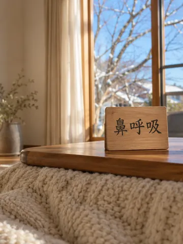 「鼻呼吸」の札と白湯、みかんのこたつ