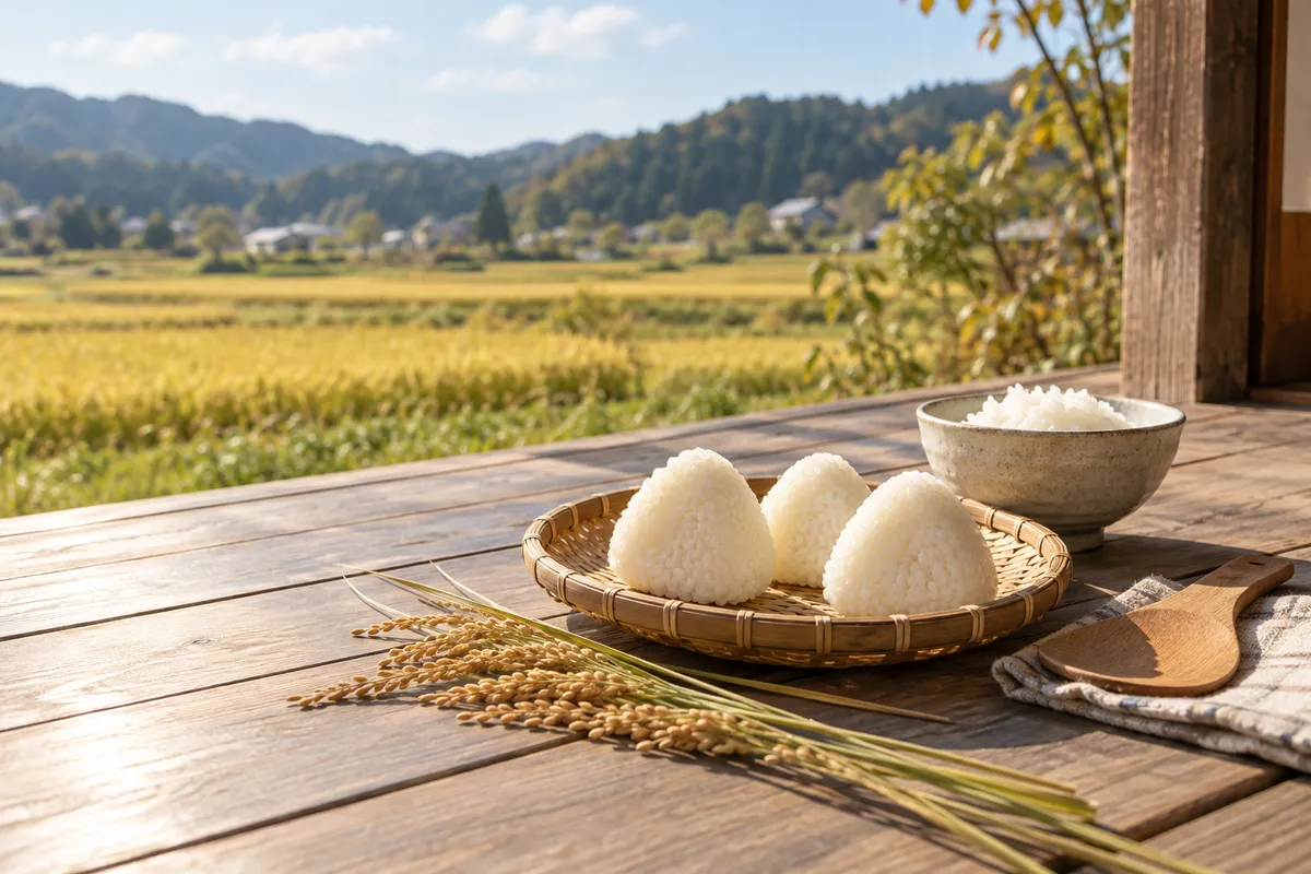 竹皿に並ぶおにぎりと稲穂、ご飯の茶碗