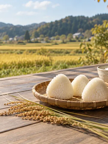 竹皿に並ぶおにぎりと稲穂、ご飯の茶碗
