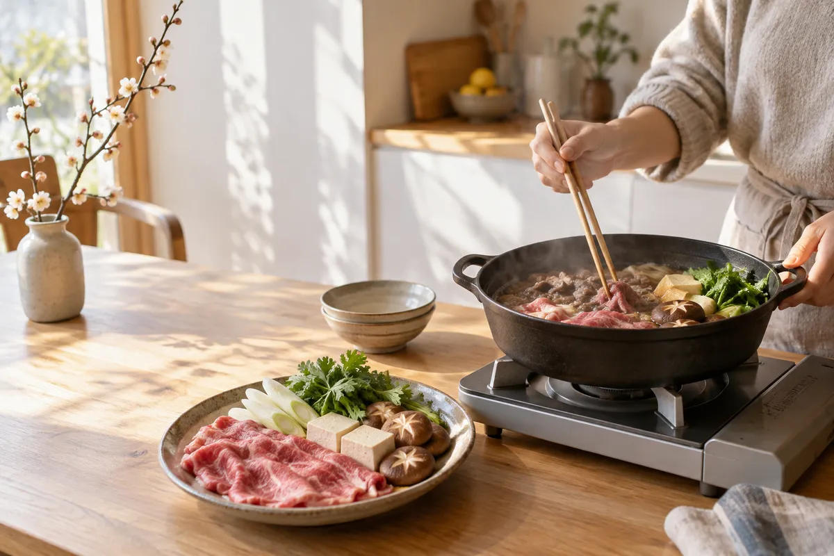 すき焼き鍋と霜降り牛肉の薄切り