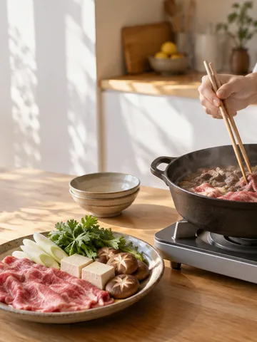 すき焼き鍋と霜降り牛肉の薄切り