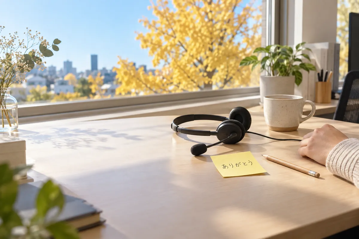 ヘッドセットと「ありがとう」のメモが置かれた机