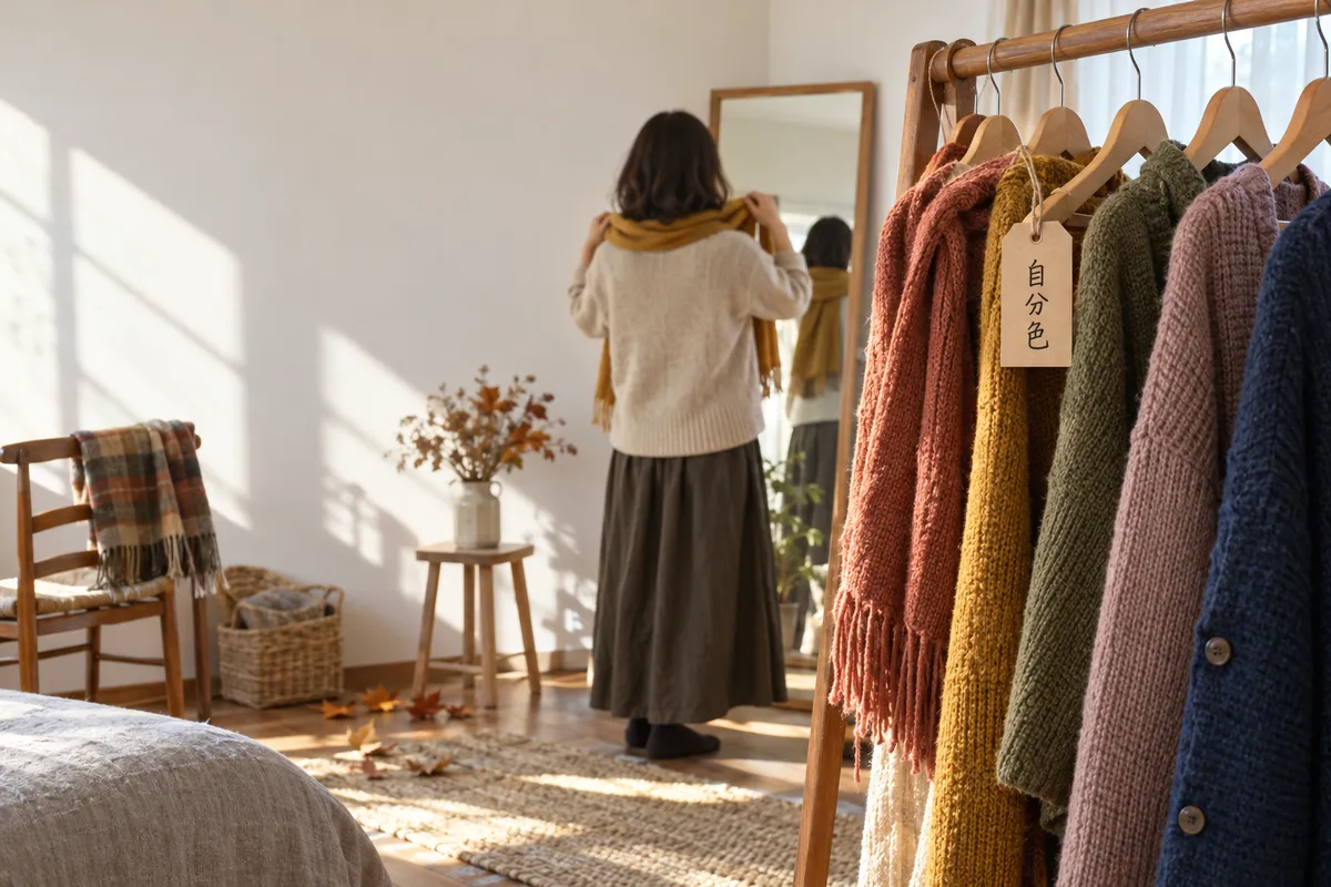 色とりどりのスカーフと「自分色」の札が下がる服掛け