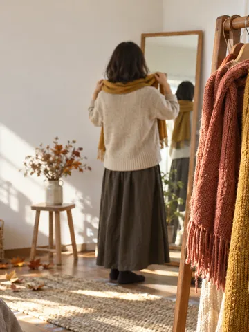 色とりどりのスカーフと「自分色」の札が下がる服掛け