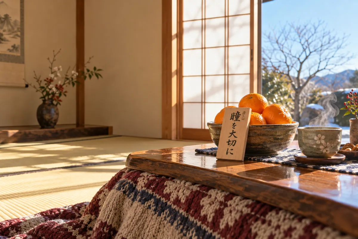 こたつの上のみかんと「瞳を大切に」の木札