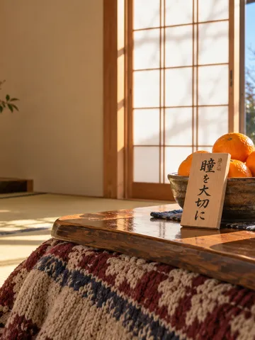 こたつの上のみかんと「瞳を大切に」の木札
