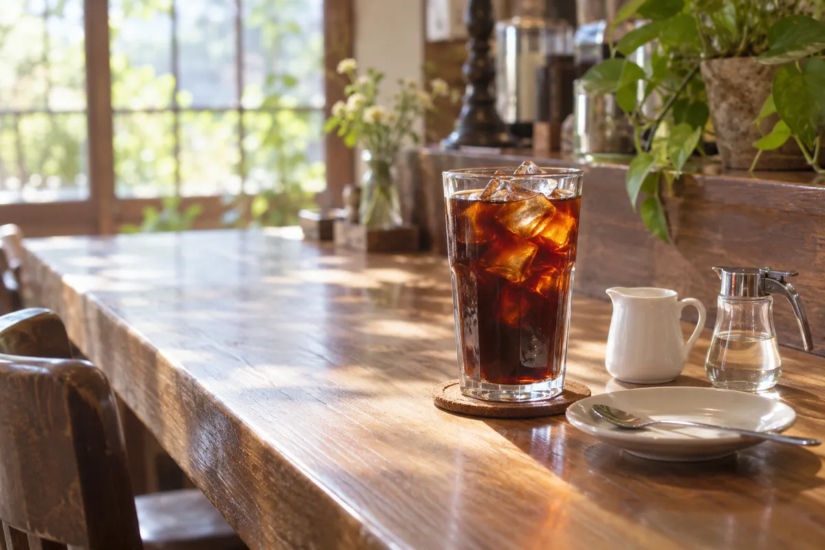 喫茶店のカウンターに置かれたアイスコーヒー