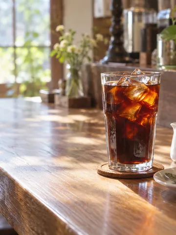 喫茶店のカウンターに置かれたアイスコーヒー