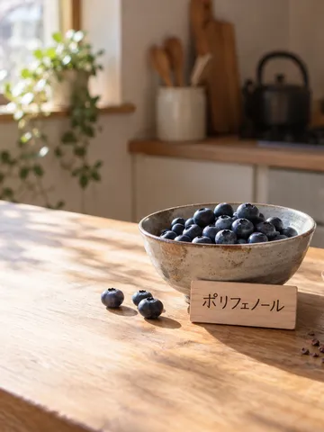 ポリフェノールの札とブルーベリー、お茶、梅の枝