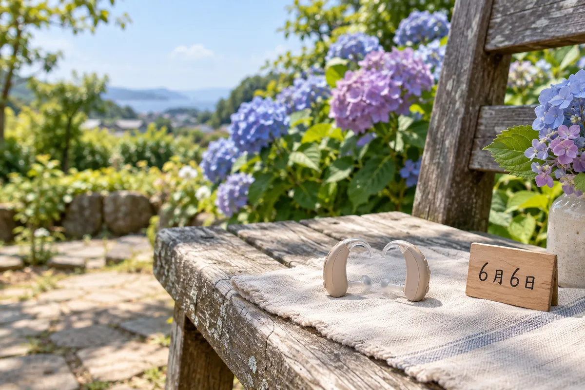 紫陽花の前に置かれた一対の補聴器と日付の札