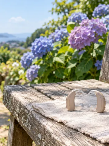 紫陽花の前に置かれた一対の補聴器と日付の札