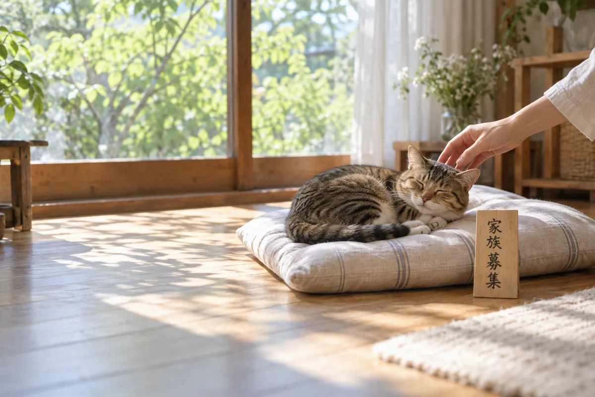 日なたのクッションで丸くなる猫と「家族募集」の札