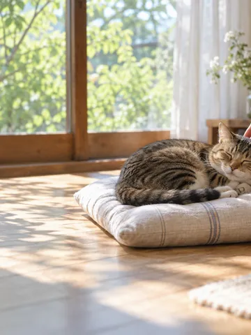日なたのクッションで丸くなる猫と「家族募集」の札