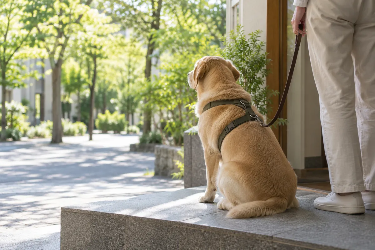 店先で静かに座る、胴輪をつけた補助犬のラブラドール