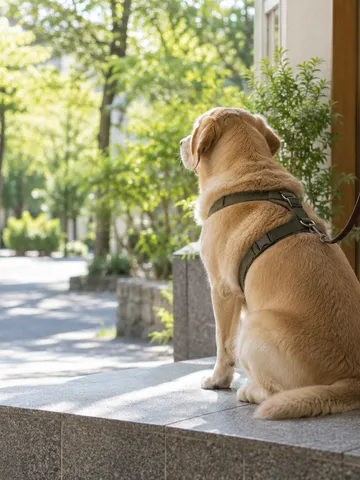 店先で静かに座る、胴輪をつけた補助犬のラブラドール