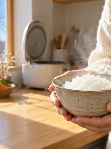 湯気の立つ炊きたての白ごはんと冬の台所