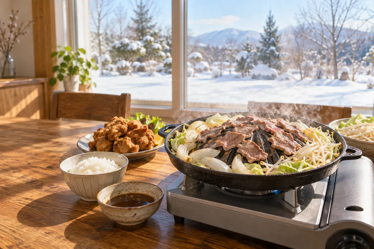 雪景色を背に、ジンギスカン鍋とザンギが並ぶ食卓
