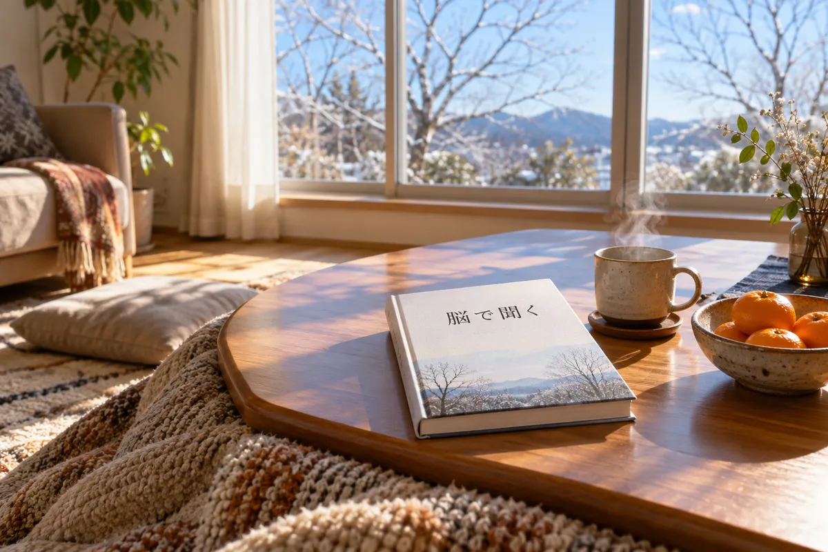 「脳で聞く」の本と白湯、みかんのこたつ
