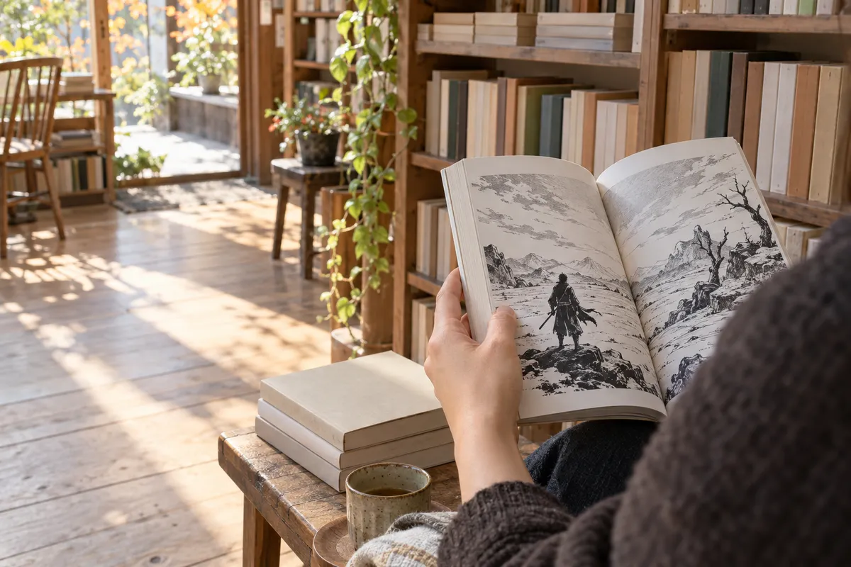 古本屋で漫画の単行本を開く手元