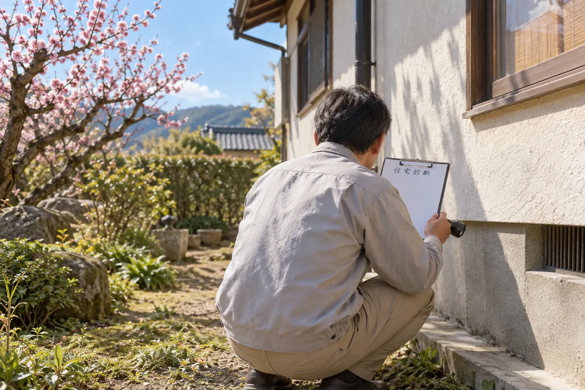 住宅の外壁と基礎を点検する後ろ姿の診断士