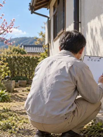住宅の外壁と基礎を点検する後ろ姿の診断士