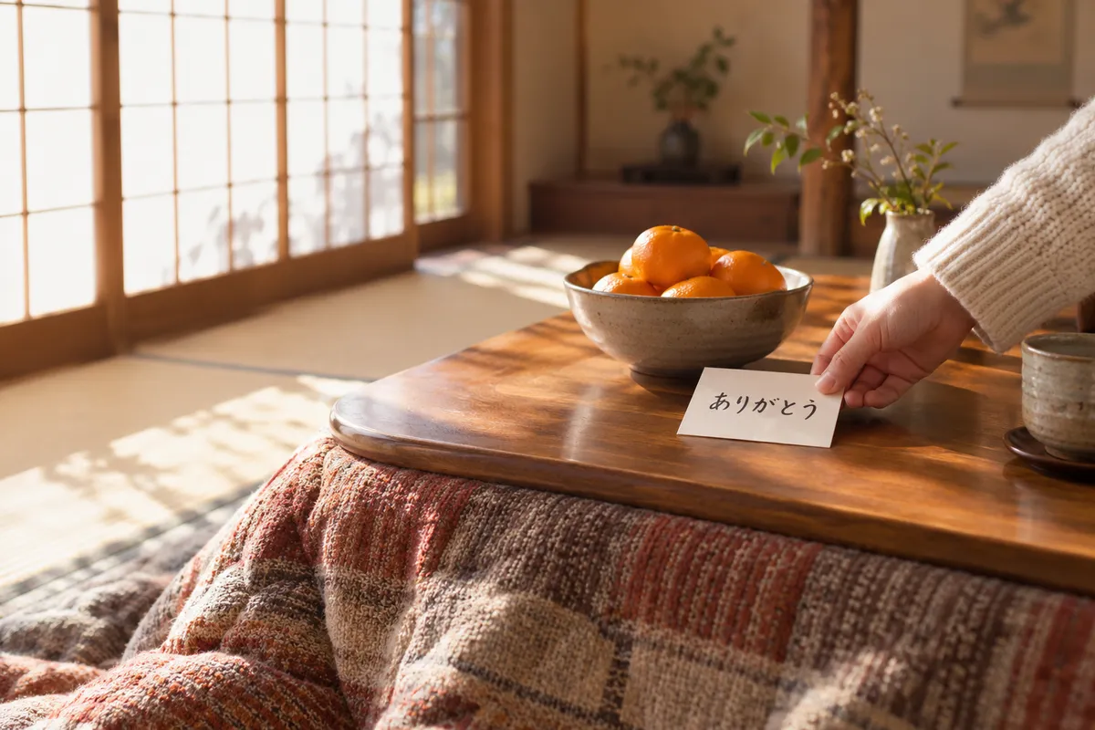 こたつの上にみかんと「ありがとう」のカードを置く手元