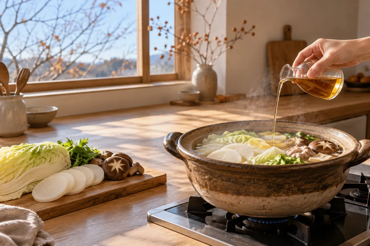 鍋のつゆに琥珀色の調味料を注ぐ手元