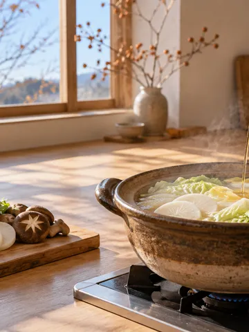 鍋のつゆに琥珀色の調味料を注ぐ手元