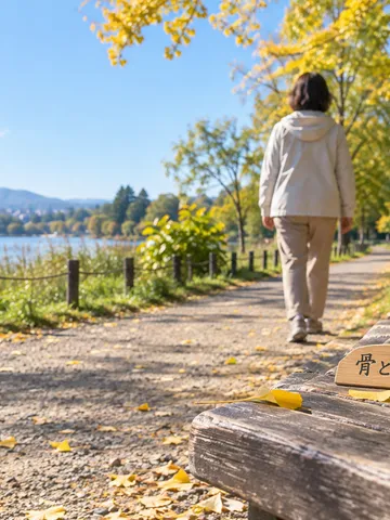 秋の公園の散歩道と「骨と関節」の木札