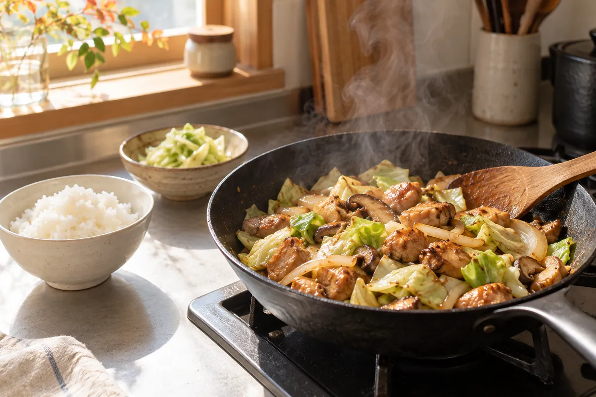 キャベツと鶏肉を炒めたフライパン