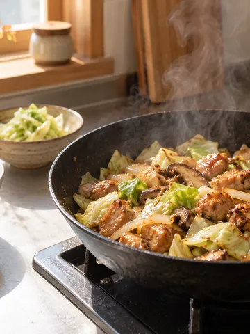 キャベツと鶏肉を炒めたフライパン
