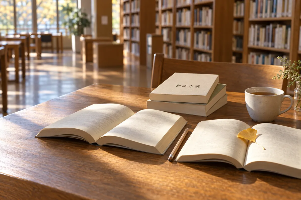 図書館の机で読み比べる2冊の翻訳書
