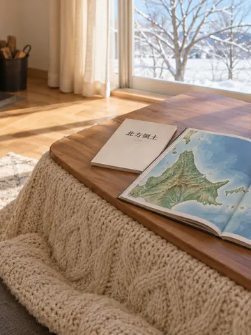こたつの上の地図帳と「北方領土」の冊子、みかん
