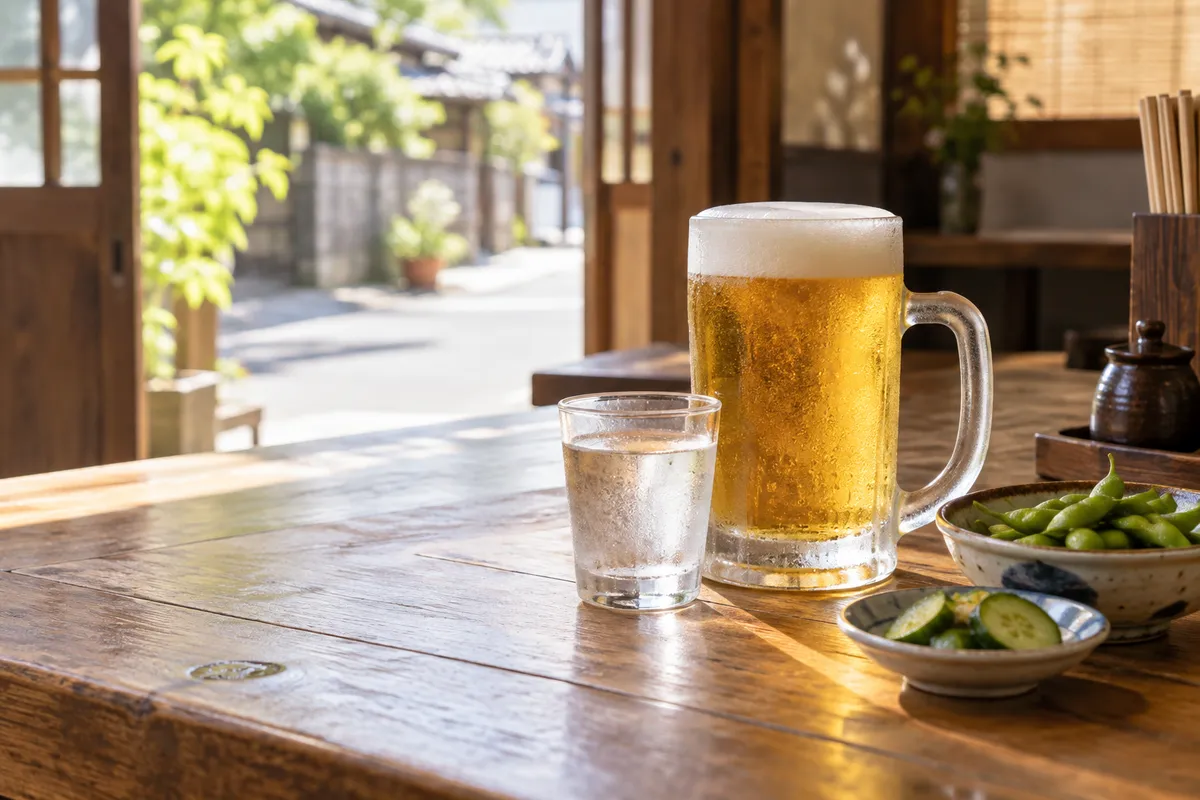 夏の昼の店のカウンターに置かれた泡立つ飲み物と焼酎