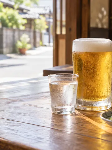夏の昼の店のカウンターに置かれた泡立つ飲み物と焼酎